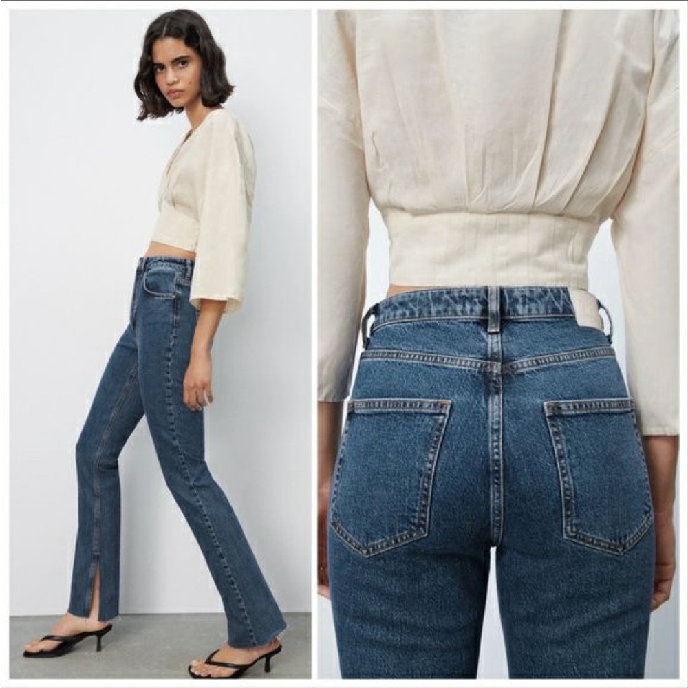 Zara SLIM FLARED SLITTED HIGH RISE Z1975 blue JEANS size 10 / 30 high waisted